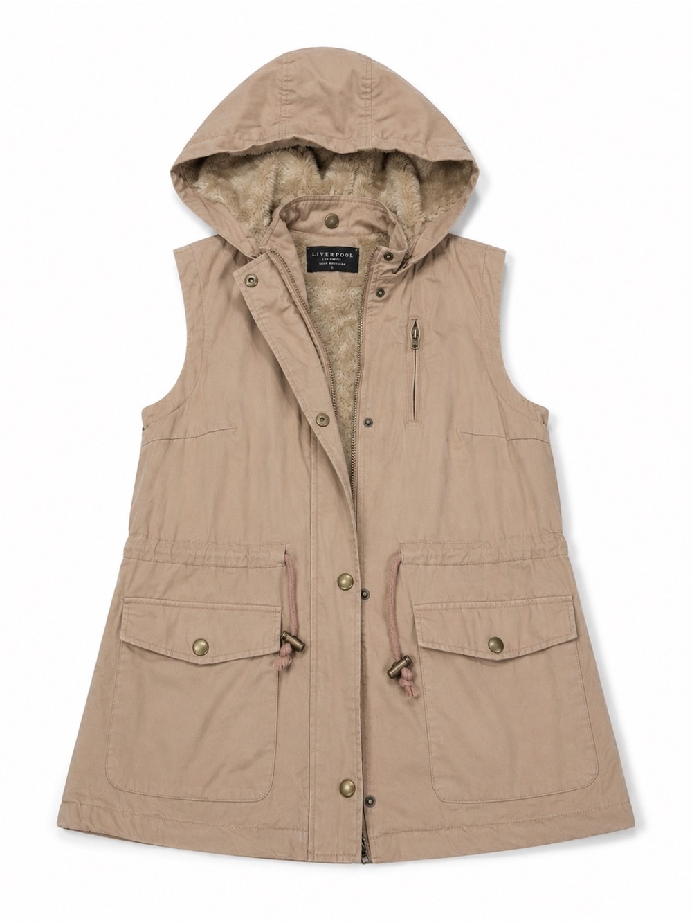 Love Tree Women’s Tan Hooded Faux Fur Lined Utility Vest – Size Medium